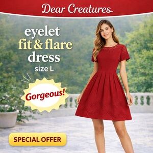 NWT Dear Creatures Red Eyelet Pleated Short Sleeve Fit & Flare Dress Size L